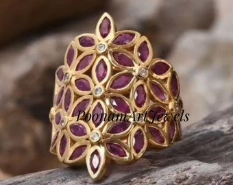 Natural Ruby Ring: Handmade Victorian Sterling Silver Floral Jewelry