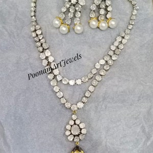 Natural Polki Diamond & Pearl Necklace With Earrings Set Jewelry Solid 925 Sterling Silver Victorian Necklace Jewelry Wedding Set Jewelry