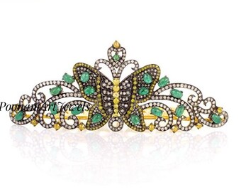Diamond Tiara Natural Rose Cut Diamond And Natural Emerald Crown Solid 925k Sterling Silver Victorian Style Butterfly Crown Jewelry