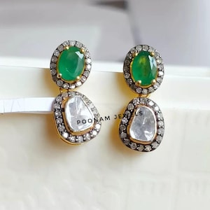 Natürliche Smaragd und natürliche Rose Cut Diamant Polki Ohrringe Schmuck Massiv 925 Sterling Silber Ohrring Schmuck viktorianischen Schmuck Tropfen Ohrring