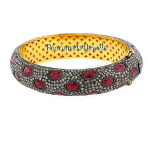 Diamant Rosenschliff & Rubin Armreif: Sterling Silber Viktorianischer Schmuck