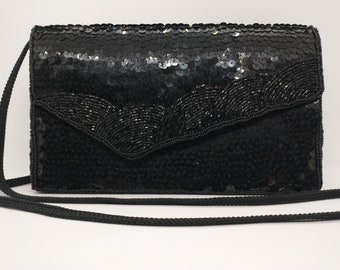 Vintage LA REGALE Black Bead Sequins Evening Clutch Shoulder Purse Handbag