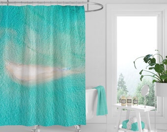 Tropical Beach Shower Curtain | Aqua Coastal Ocean Design | Art Bathroom Curtains | Crystal Clear Water Bath Curtain | Cool & Cute 71" x 74"