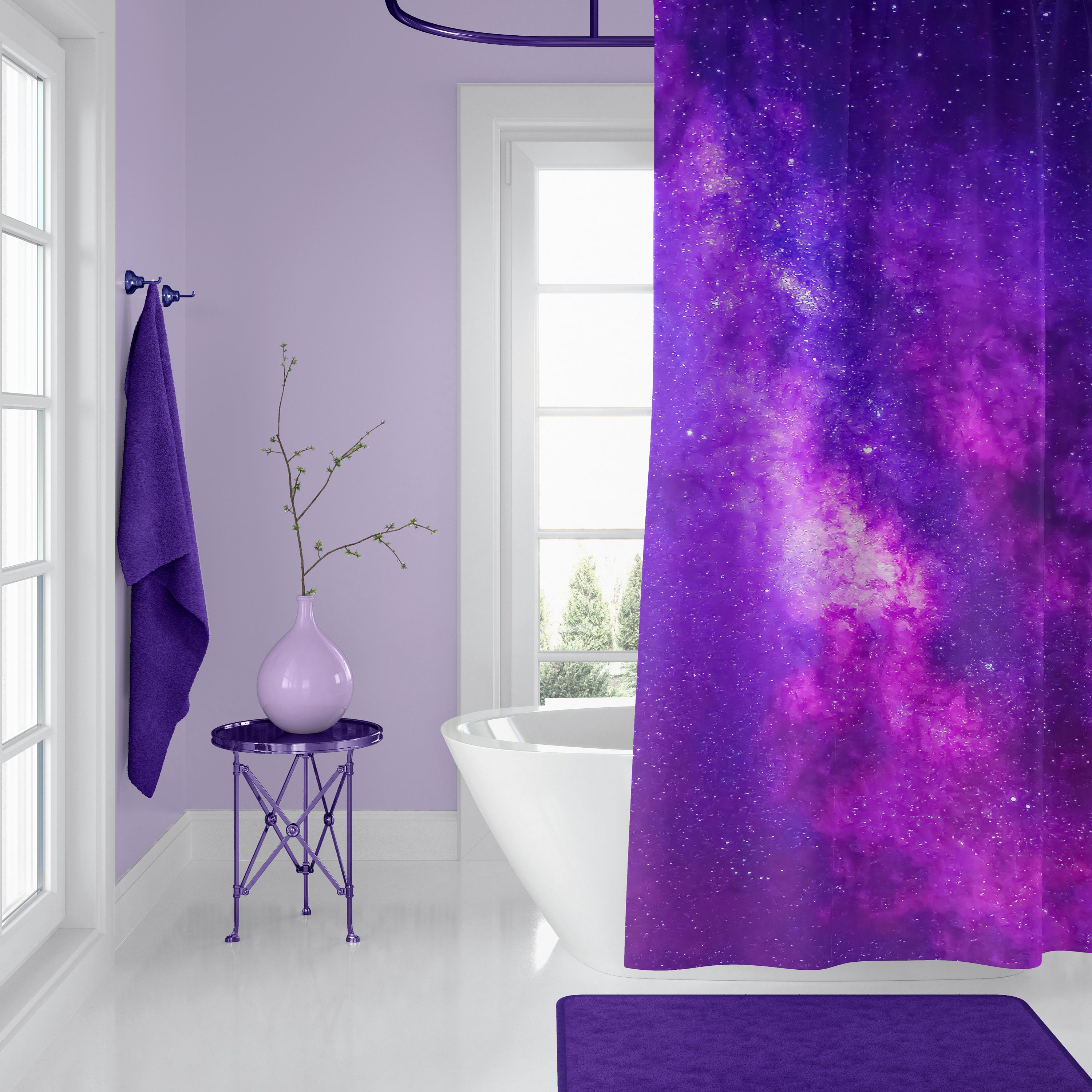 Purple Shower Curtain Modern Exclusive and Unique Space Galaxy Design