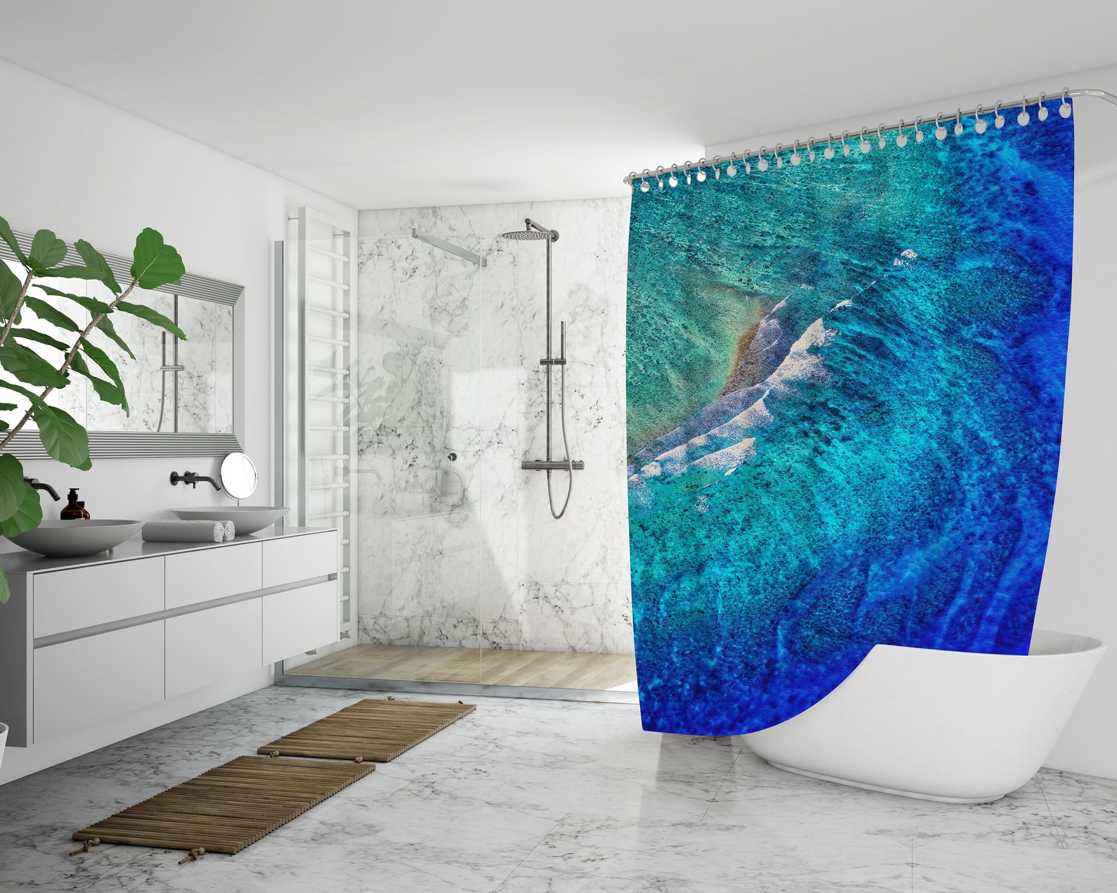 Beach Shower Curtain Nautical Coastal Tropical Design Art Etsy