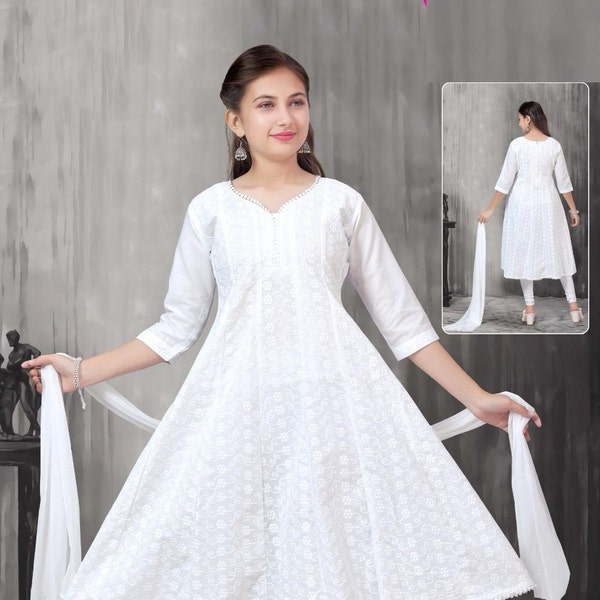Chikankari cotton soft Girls White Kurti set with bottom, dupatta/Anarkali Chikankari set/Kurta with dupatta/Girls salwar kameez/Kurti set