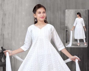 Chikankari cotton soft Girls White Kurti set with bottom, dupatta/Anarkali Chikankari set/Kurta with dupatta/Girls salwar kameez/Kurti set