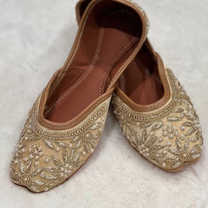 Pearl Embroidered Handcrafted Jutti for girls/khussa/mojaris/ballet shoes/flat shoes for Girls/Girls Punjabi Jutti / Golden Color Jutti image 1