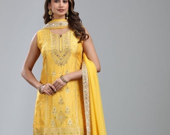 Silk based Embroidered Patiala set with Dupatta for women .Salwar kameez with elegant embroidery Dupatta & Sharara pants Indian Ethnic wear.