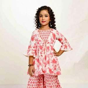 Rose print 3 Piece Sharara set/Cotton Sharara set/Kurti with Sharara/Jacket set/Sharara/Lehenga/Salwar Kameez/Girls Sharara set