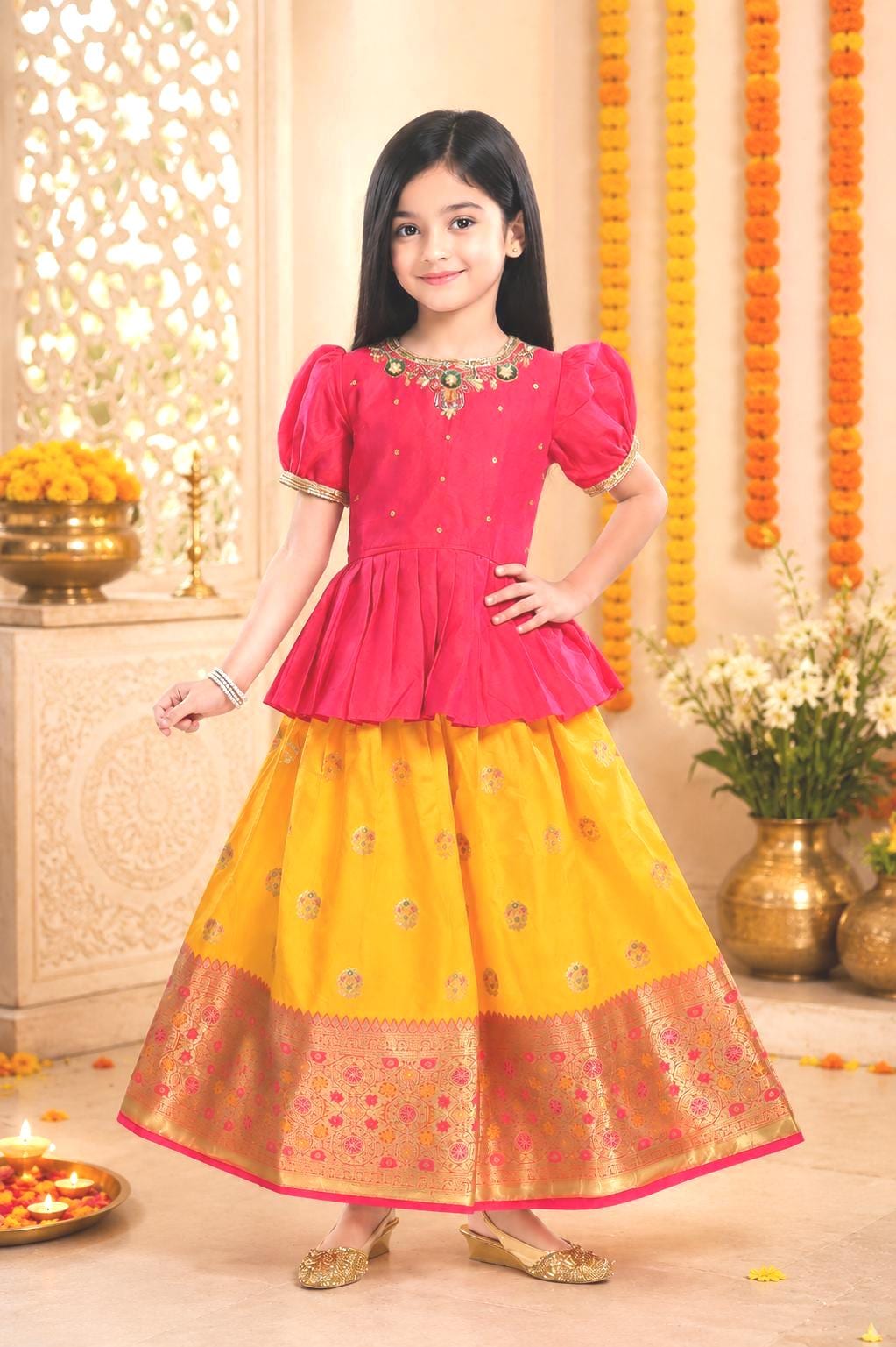 Girls Pattu Pavadai Lehenga Set Traditional South Indian Silk Ethnic Wear Kids Festive Wedding Outfit/Girls Pattu Pavadai Lehenga Set