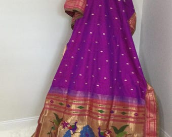 Single Pure silk Purple Paithani saree with contrast border and golden buttis /Silk sarees/Handloom sarees/PAITHANI sarees/Sarees