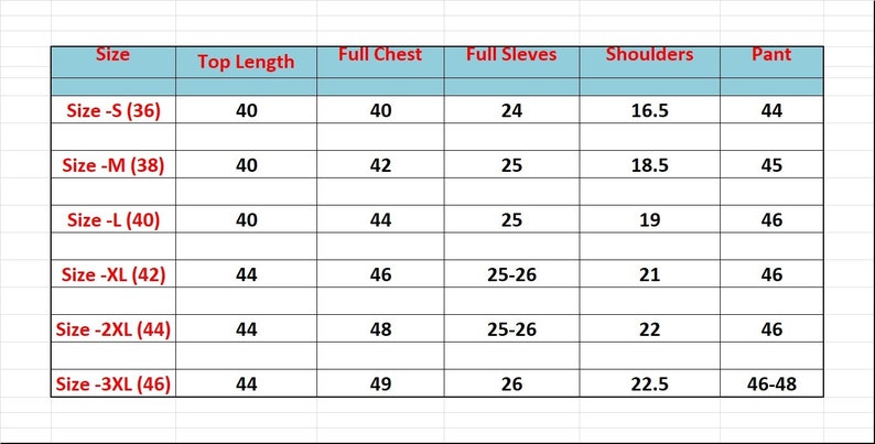 May include: A chart showing clothing sizes and their corresponding measurements in inches. The chart includes measurements for size, top length, full chest, full sleeves, shoulders, and pant.