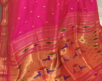 Narali Kath Pure silk Hot pink Paithani saree with traditional Peacock palla  /Silk sarees/Handloom sarees/PAITHANI sarees/Sarees