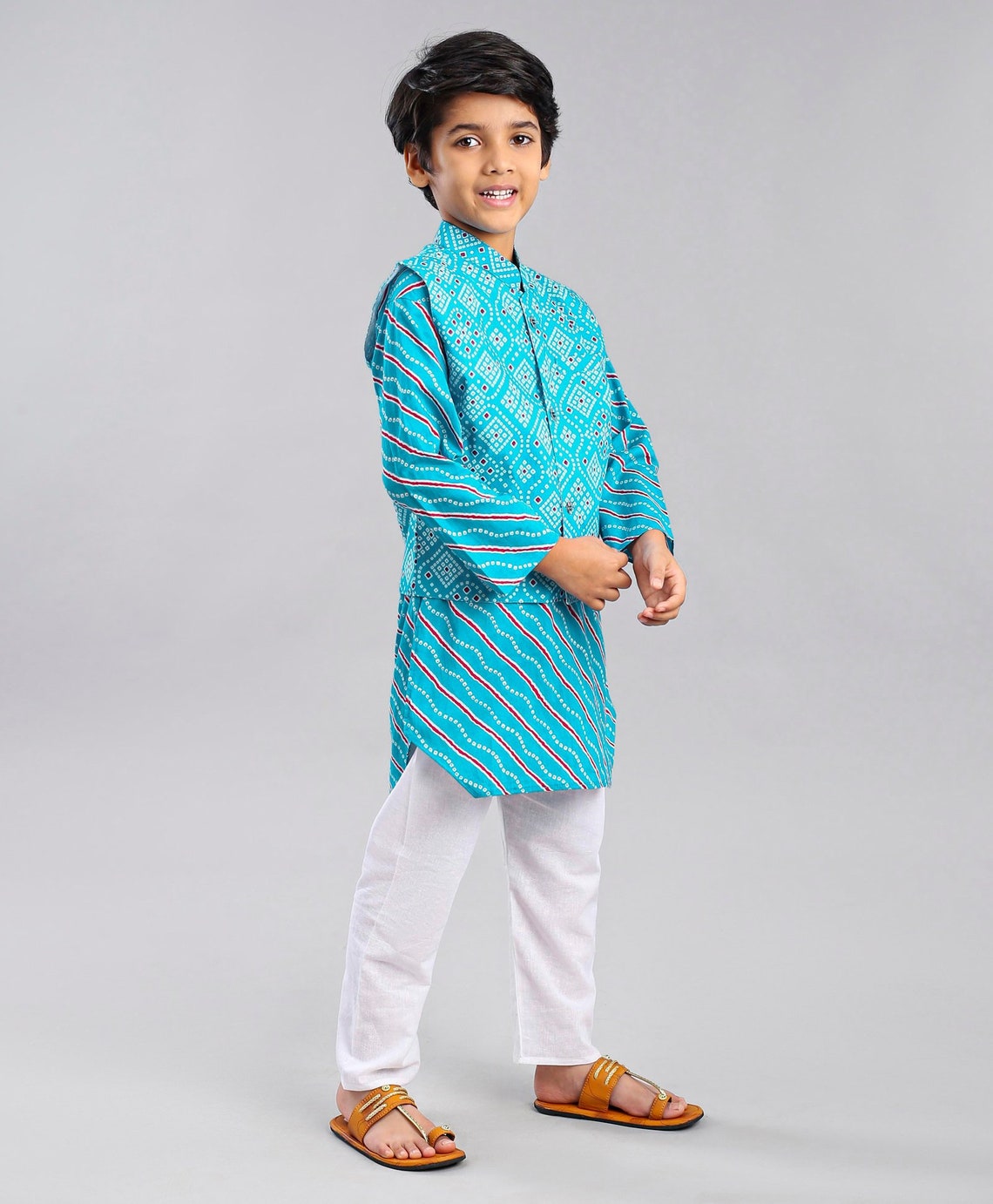 Boys Blue Floral Printed Pure Cotton Straight Kurta Set