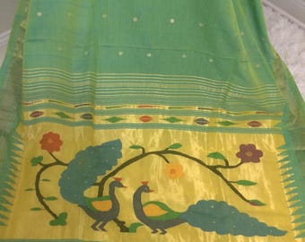 Handloom pure cotton Paithani with intricate Peacock palla and golden motifs all over saree  /Silk sarees/Handloom sarees/PAITHANI sarees