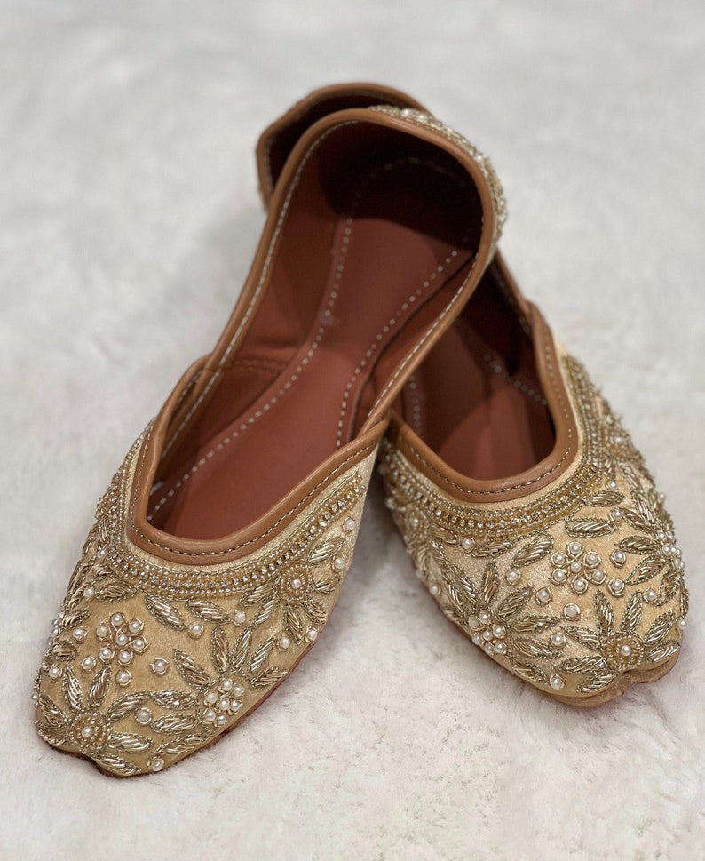 Pearl Embroidered Handcrafted Jutti for girls/khussa/mojaris/ballet shoes/flat shoes for Girls/Girls Punjabi Jutti / Golden Color Jutti image 1