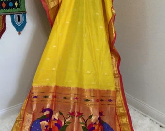 Narali kath contrast border  Pure silk Paithani saree with traditional Peacock palla  /Silk sarees/Handloom sarees/PAITHANI sarees/Sarees