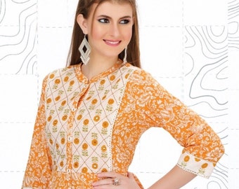 Tuniques en coton pour femmes/Kurta courte/Kurta en coton/Tuniques/Kurta bordée avec travail de miroir/Hauts en coton/Blouse/Lakhnavi Kurta/Short Kurti
