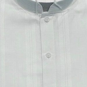 May include: A white collared shirt with vertical stripes and a button-up front.