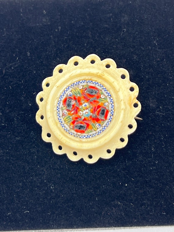 Vintage floral mosaic carved bone brooch - image 1