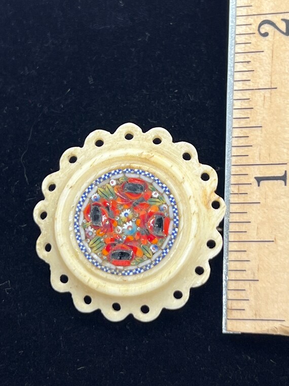 Vintage floral mosaic carved bone brooch - image 4