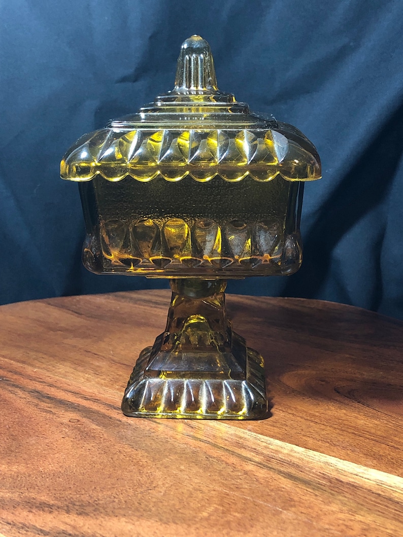 Vintage Square Amber Glass Pedestal Candy Jar With Lid Etsy
