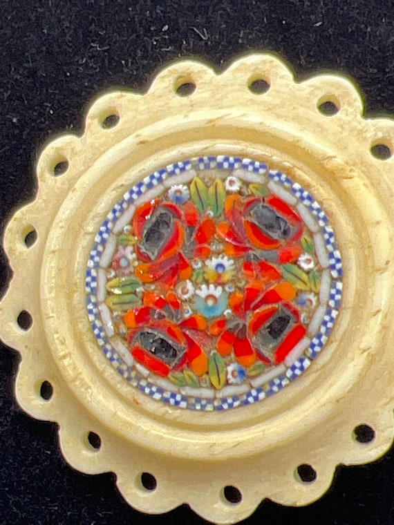 Vintage floral mosaic carved bone brooch - image 2