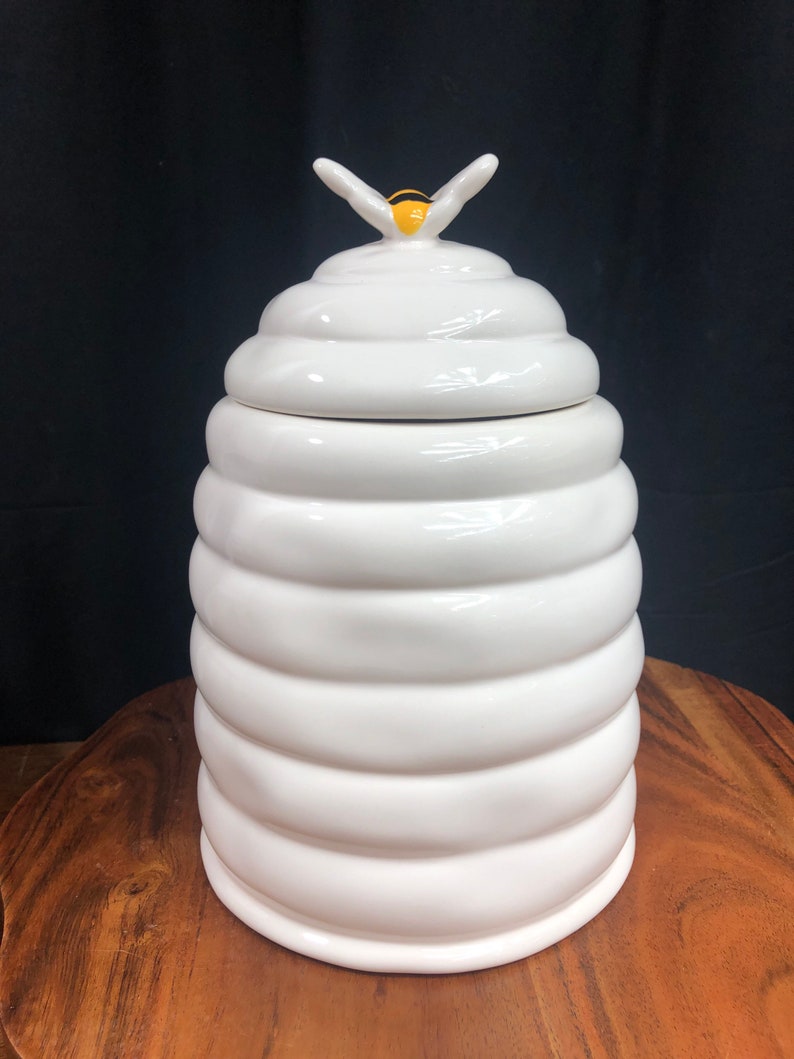 Rae Dunn white ceramic Bee Kind hive canister with bee on Etsy