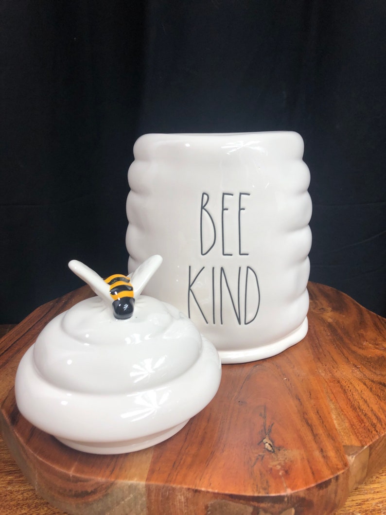 Rae Dunn white ceramic Bee Kind hive canister with bee on Etsy