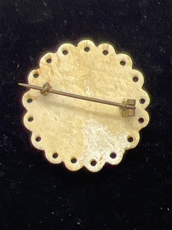 Vintage floral mosaic carved bone brooch - image 3