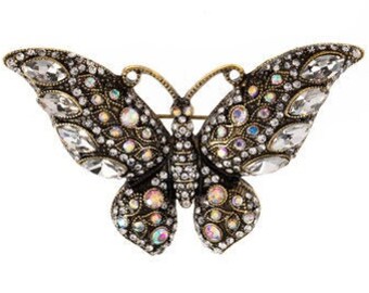 Butterfly Rhinestone Brooch -Vintage style Pin- Clear White Crystal