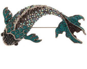 Koi Fish Rhinestone Brooch or Pendant- with light blue, turquoise, and royal blue -Vintage Style Pin or Necklace