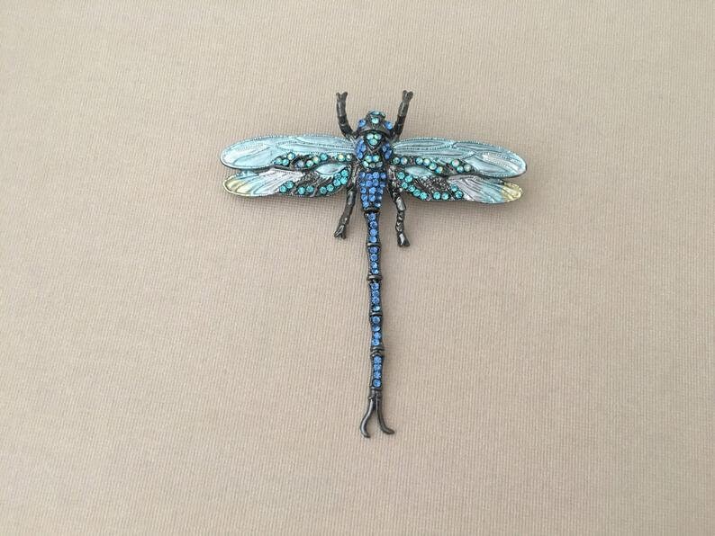 Dragonfly Rhinestone Brooch Pin on or Pendant Vintage style Aqua Blue image 3