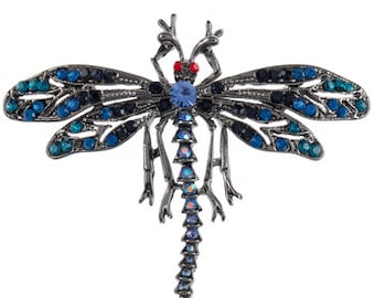 Dragonfly Rhinestone Pendant Brooch- Blue -Vintage Style -Pin or Necklace
