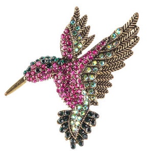 Hummingbird Rhinestone Brooch -Vintage style Pin- Magenta and Green