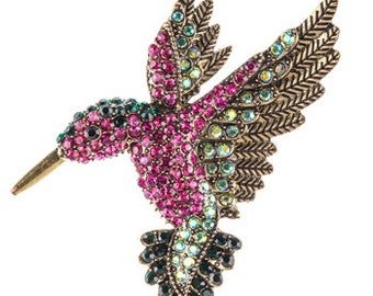 Hummingbird Rhinestone Brooch -Vintage style Pin- Magenta and Green