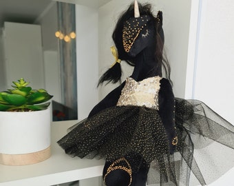 Cute Black Unicorn Soft Toy - Unicorn Nursery and Party Theme, Cozy Style Unicorn, Shelf Decor, Handmade Rag Toy Collectibles