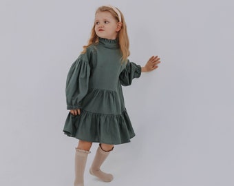 Tiered Round Neck Girls' Dress - Knee Length Flair Design with Ruffle/Balloon Sleeves, Stand/High Collar - Perfect for Casual/Party Wear