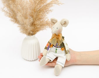 Handmade Fabric Mouse Doll with Overall - Soft toy Doll nature linen fabric - Stuffed animal toys in clothes