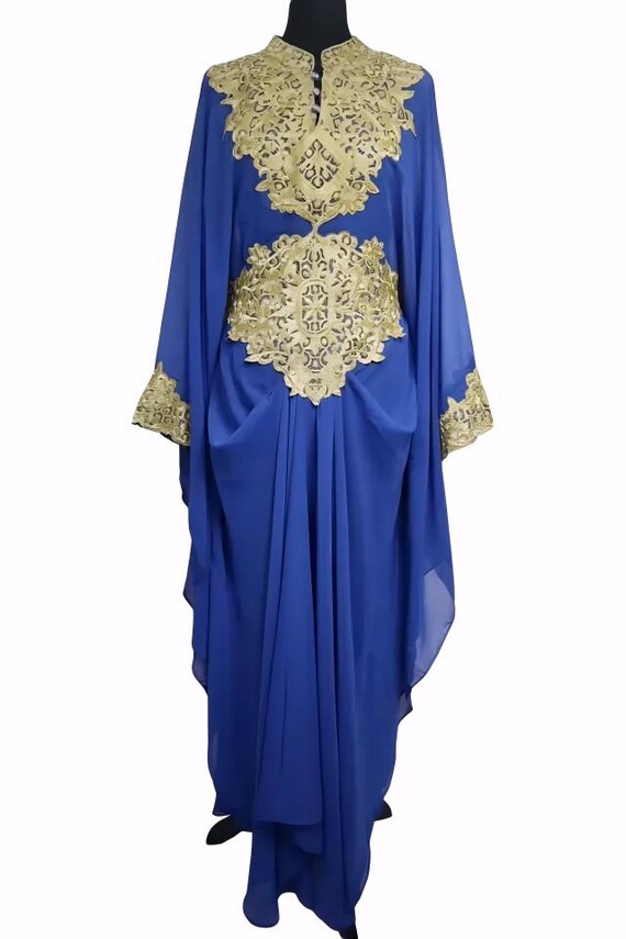 Royal Blue Moroccan Kaftan Dress with Gold Embroidery – Luxury Maxi Abaya, Islamic Modest Wear, Eid Dress, Wedding Kaftan, Evening Gown