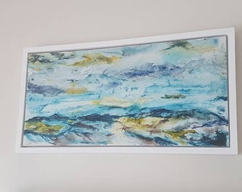 Rain-soaked Miles - Original mixed media landscape painting, seascape, on wood, framed 35 x 65cm