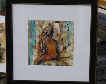 The Bather (after Ingres): 52cm square painting of classical nude created with coffee and acrylic inks