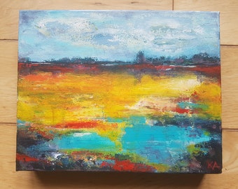 Original Abstract Landscape Acrylic Painting, Bright and Colourful - Late Light, Ellesmere (2022)