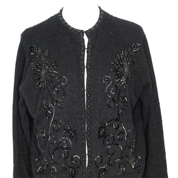 Vintage Sweater Mohair Floral Pattern Beaded Cardigan, Black