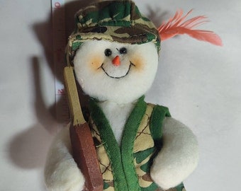 Vintage Country Christmas Hunting Snowman Plush Ornament Folk Art 90s Y2K