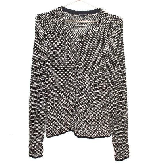 Eileen Fisher black white knit crochet cardigan sn