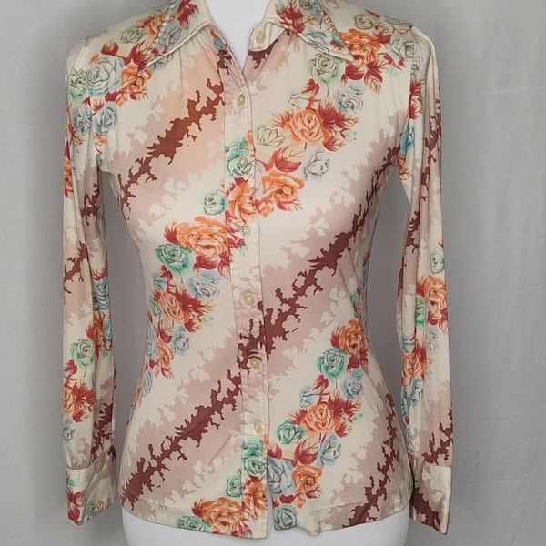 Vintage Lerner Shops Nylon Allover Print Floral Long Sleeve 1980s Collared Women