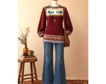 Vintage 70s Bobbie Brooks Fair Isle sweater tunic s/m balloon sleeve folk