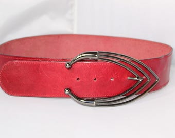 Vintage El Corte Inglés Red  Leather Belt Size 150 75/30 Silver Buckle Wide
